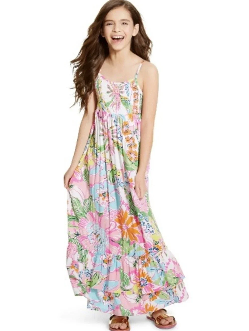 Lilly Pulitzer Smocked Nosey Posey  Maxi Dress Girls Medium 7/8 Adjustable Strap